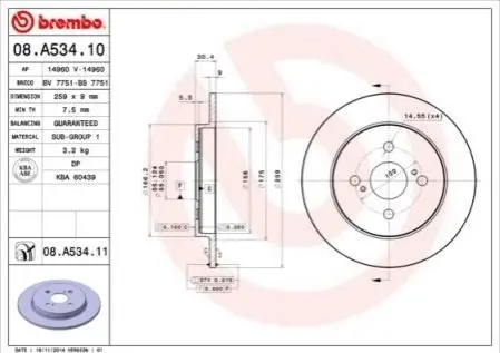 Диск гальмівний задн Лів/Прав TOYOTA IQ, RACTIS, YARIS, YARIS / VIOS ASTON MARTIN CYGNET 1.0-1.8 08.05-09.16 BREMBO 08A53411