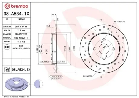 Високопродуктивний гальмівний диск задн TOYOTA IQ, RACTIS, YARIS, YARIS / VIOS ASTON MARTIN CYGNET 1.0-1.8 08.05-09.16 BREMBO 08A5341X