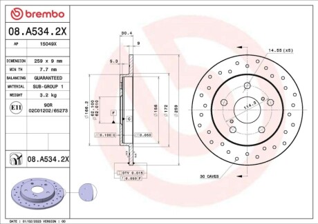 Диск гальмівний (задній) Toyota Auris/ Corolla 06- (259x9) PRO BREMBO 08A5342X