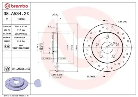 Диск тормозной (задний) Toyota Auris/ Corolla 06- (259x9) PRO BREMBO 08A5342X