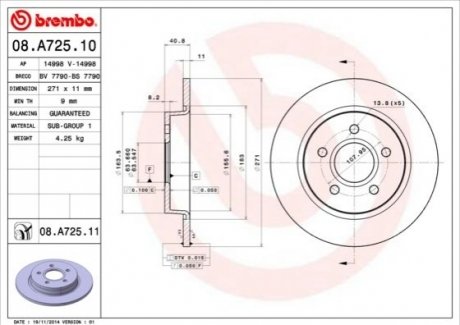 Диск тормозной BREMBO 08.A725.11 (фото 1)