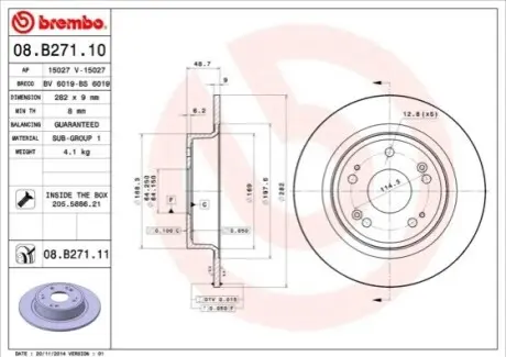Фото Диск гальмівний (задній) Honda Accord VIII 08-(282x9) BREMBO (08.B271.11) зображення 1