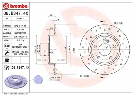 Диск гальмівний (задній) MB A-class (W176)/B-class (W246)/W242)/CLA (C117) 12- (276x8.9) BREMBO 08B3474X