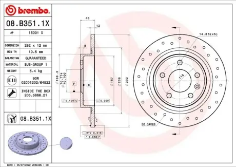 Диск гальмівний задн Лів/Прав CHEVROLET CRUZE, ORLANDO, VOLT OPEL AMPERA, ASTRA H, ASTRA J, ASTRA J GTC, CASCADA, ZAFIRA C 1.3D-2.0D 08.05 BREMBO 08B3511X