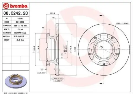 Диск гальмівний задн Лів/Прав FORD TOURNEO CUSTOM V362, TRANSIT CUSTOM V362, TRANSIT V363 1.0H-2.2D 09.12 BREMBO 08.C242.20