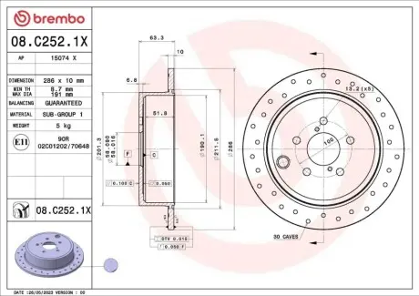 Гальмівний диск задній Лів/Прав SUBARU BRZ, FORESTER, IMPREZA, LEGACY IV, LEGACY V, OUTBACK TOYOTA GT 86 1.5-3.6 09.03 BREMBO 08C2521X