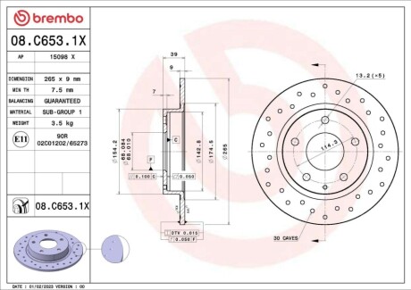 Диск тормозной (задний) Mazda 3 13-/CX-3 15- (265x9) PRO BREMBO 08C6531X (фото 1)