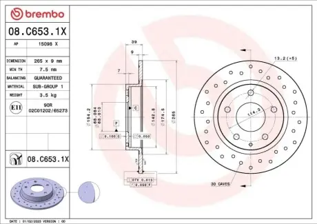 Високопродуктивний гальмівний диск задн BMW 8 (G15, F92) MAZDA 3, CX-3, CX-30 1.5-3.0 10.03 BREMBO 08C6531X