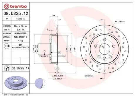 Високопродуктивний гальмівний диск задн OPEL AMPERA-E, ASTRA K 1.0-Electric 06.15-12.21 BREMBO 08D2251X