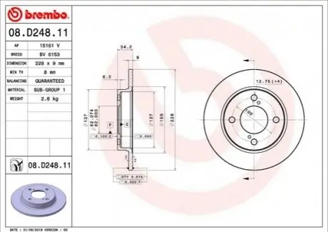 Диск гальмівний задн Лів/Прав SUZUKI BALENO, SWIFT V 1.0-1.2H 02.16 BREMBO 08D24811
