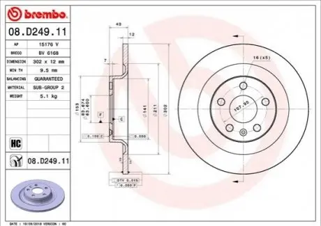 Диск гальмівний задн Лів/Прав VOLVO S60 III, S90 II, V60 II, V90 II, XC60 II 2.0-2.0H 03.16 BREMBO 08D24911