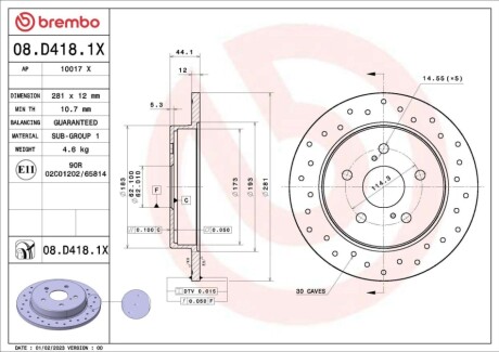 Диск тормозной (задний) Toyota Camry 2.0-3.5 16V 17- (281x12) PRO BREMBO 08D4181X