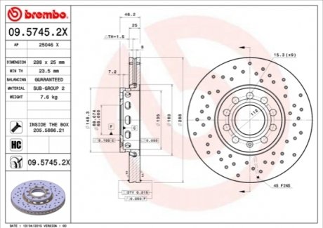 Тормозные диски - (4A0615301C, 4A0615301D, 4A0615301E) BREMBO 0957452X