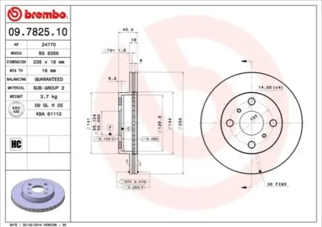 Диск гальмівний передн Лів/Прав TOYOTA ECHO, PLATZ, VIOS / SOLUNA VIOS, YARIS 1.0-1.5 04.99-01.08 BREMBO 09782510