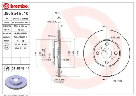 Диск тормозной YARIS. BREMBO 09854511 (фото 1)