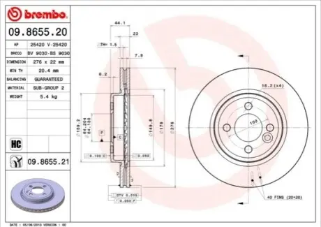 Диск гальмівний передн Лів/Прав MINI (R50, R53), (R52) 1.4D/1.6 06.01-07.08 BREMBO 09865521