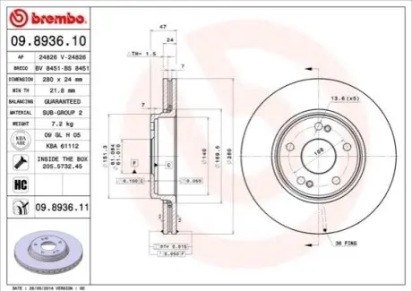 Диск гальмівний передн Лів/Прав RENAULT LAGUNA II 1.6-2.0 03.01-12.07 BREMBO 09893611