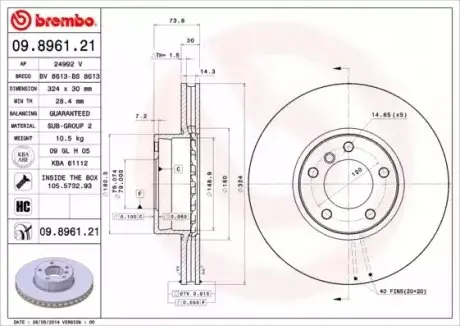 Диск гальмівний передн Лів/Прав BMW 5 (E39) 2.0-4.4 01.96-05.04 BREMBO 09896121