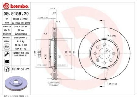 Гальмівний диск - 09.9159.21 (569007, 569067, 93181113) BREMBO 09915921