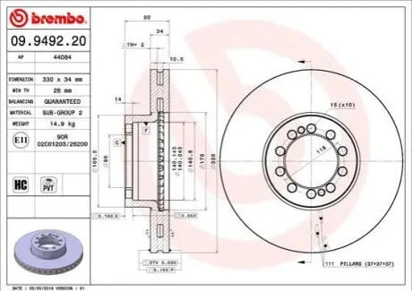 Диск гальмівний передн Лів/Прав RVI D, MIDLUM VOLVO FL III 4.1D-7.7D 01.00 BREMBO 09949220
