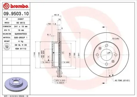 Диск тормозной BREMBO 09.9503.10 Купить в Украине