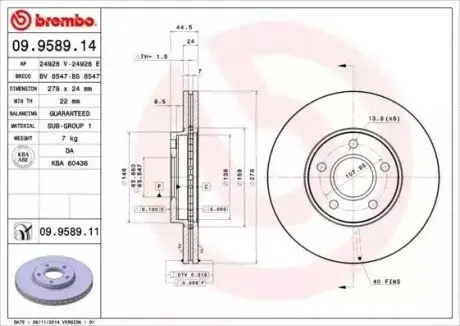 Диск гальмівний передн Лів/Прав FORD TOURNEO CONNECT, TRANSIT CONNECT 1.8/1.8D/1.8LPG 06.02-12.13 BREMBO 09958914 Купити в Україні