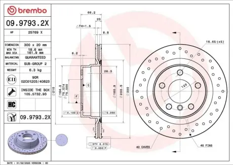 Високопродуктивний гальмівний диск задн BMW 1 (E87), 1 (F20), 1 (F21), 2 (F22, F87), 2 (F23), 3 (E90), 3 (E91), 3 (E92), 3 (E93), 3 (F30, F80), 3 (F31), 3 GRAN TURISMO (F34) 1.5-3.0 06.04-06.21 BREMBO 0997932X
