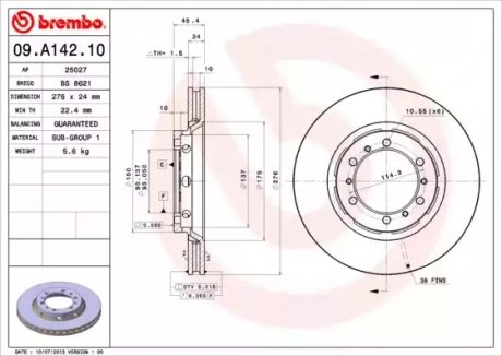 Тормозной диск BREMBO 09A14210 (фото 1)