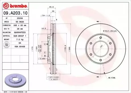 Диск гальмівний передн Лів/Прав TOYOTA GRANVIA, HIACE / COMMUTER V, HIACE IV, HIACE V 2.4-3.0D 08.95 BREMBO 09A20310