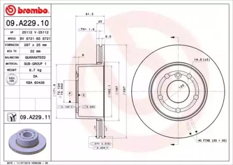 Диск тормозной BREMBO 09A22911 (фото 1)