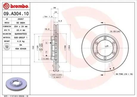Диск гальмівний передн Лів/Прав MITSUBISHI L200 2.0/2.5D 06.96-12.07 BREMBO 09A30410