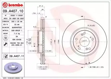 Диск гальмівний (передній) Honda Civic/CR-V 2.0/2.2 CTDi 01- (300x25) (вентильований) BREMBO 09A40710 Купити в Україні