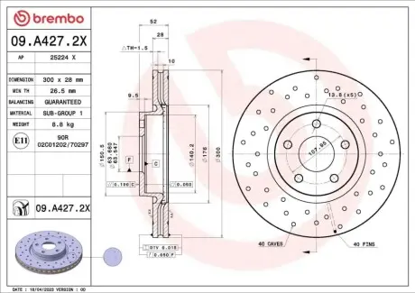 Диск гальмівний передн Лів/Прав FORD MONDEO III, MONDEO IV 1.6-2.5 10.00-01.15 BREMBO 09A4272X