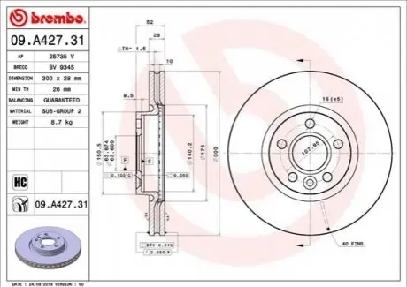 Диск гальмівний (передній) Ford Mondeo/Galaxy 07-15/Range Rover/Volvo S60 11-(300x28) (з покр.) (вент.) BREMBO 09A42731