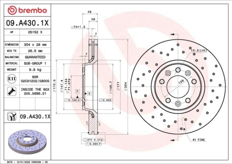 Диск тормозной (передний) Fiat Scudo 07- (304x28) BREMBO 09A4301X