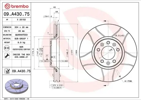 Диск тормозной (передний) Fiat Scudo 07- (304x28) BREMBO 09A43075