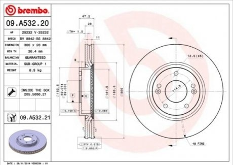 Тормозной диск - 09.A532.20 (517122L500) BREMBO 09A53220