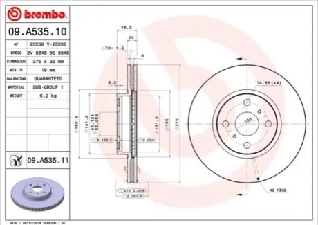 Диск гальмівний передн Лів/Прав TOYOTA RACTIS, YARIS, YARIS / VIOS 1.0-1.8 08.05 BREMBO 09.A535.11