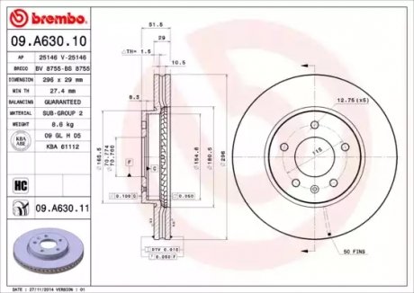 Гальмівний диск - 09.A630.10 (20955857, 4808848, 96625948) BREMBO 09A63010