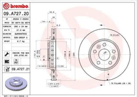 Диск тормозной BREMBO 09A72720 (фото 1)