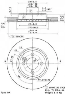 Диск гальмівний (передній) Mini Cooper 2 06- (280x22) BREMBO 09A76111 Купити в Україні