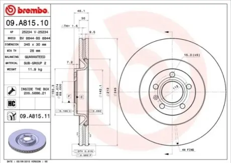 Диск гальмівний передн Лів/Прав AUDI A4 B6, A4 B7 1.6-4.2 11.00-03.09 BREMBO 09A81511