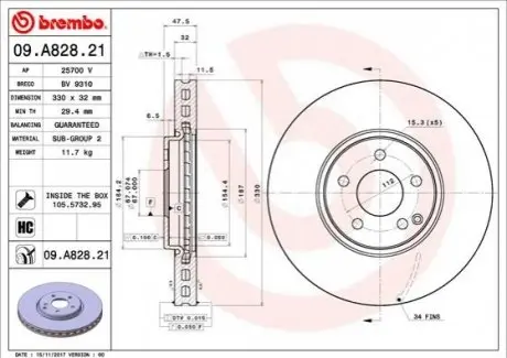Диск гальмівний передн Лів/Прав MERCEDES E (W211), E T-MODEL (S211) 5.0/5.5 10.03-07.09 BREMBO 09A82821