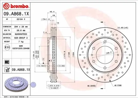 Диск гальмівний передн Лів/Прав FIAT FULLBACK MITSUBISHI L200, L200 / TRITON, PAJERO SPORT II 2.2D-3.5 11.05 BREMBO 09A8681X