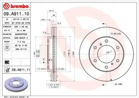 Диск гальмівний передн Лів/Прав MITSUBISHI PAJERO CLASSIC, PAJERO II, PAJERO III, PAJERO IV 2.5D-3.8 04.00 BREMBO 09A91111