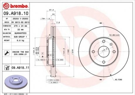 Тормозной диск BREMBO 09A91810 (фото 1)
