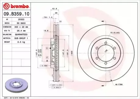 Диск гальмівний передн Лів/Прав HYUNDAI TERRACAN 2.5D/2.9D/3.5 12.01-12.06 BREMBO 09B35910