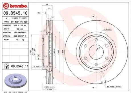 Диск гальмівний передн Лів/Прав NISSAN PATROL VI 5.6 04.10 BREMBO 09.B545.11 Купити в Україні