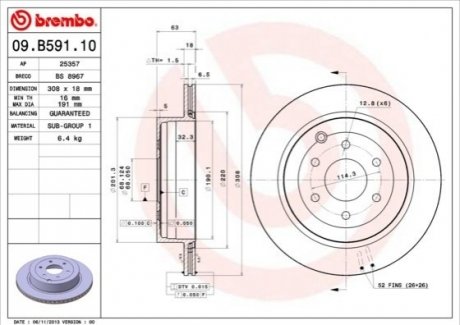 Гальмівний диск - 09.B591.10 (43206EB300) BREMBO 09B59110 (фото 1)