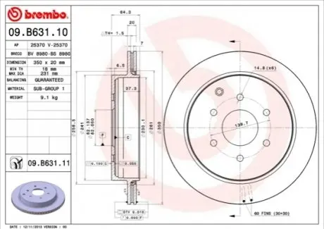 Диск гальмівний задн Лів/Прав INFINITI QX56, QX80 NISSAN PATROL VI 5.6 03.10 BREMBO 09.B631.11 Купити в Україні